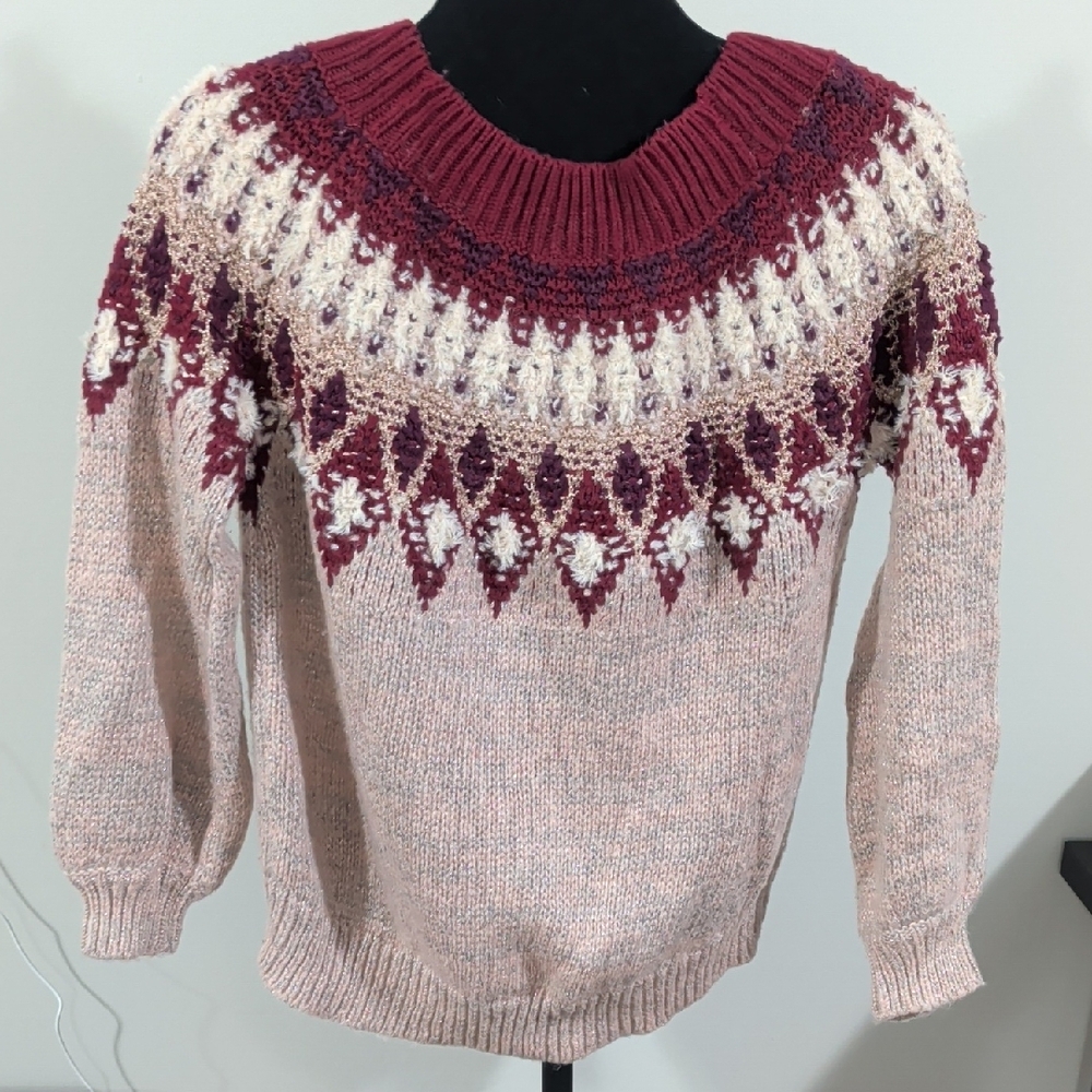 Express Burgundy And Cream Patterned Sweater - image 4
